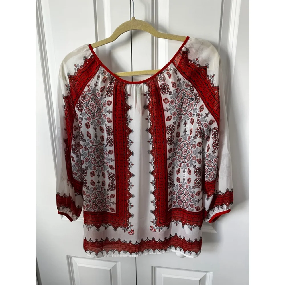 24/7 Comfort Apparel Blouse L White Red Patterned - Picture 2 of 6